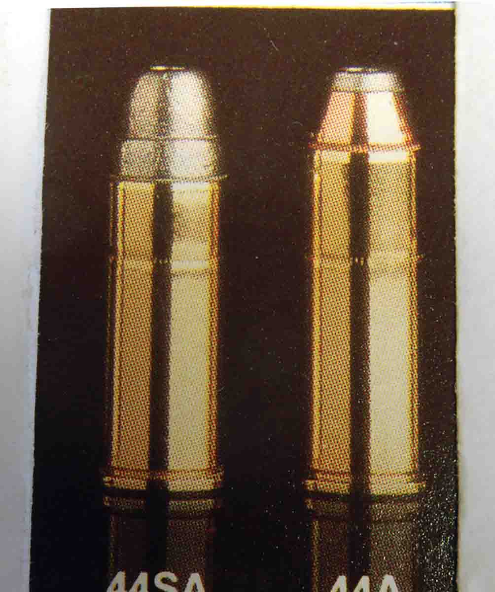 A page from a 1983 Federal catalog shows .44 Special and .44 Magnum cartridges, but now the .44 Special bullet (left) is seated out where it belongs, decreasing jump to rifling and increasing accuracy.